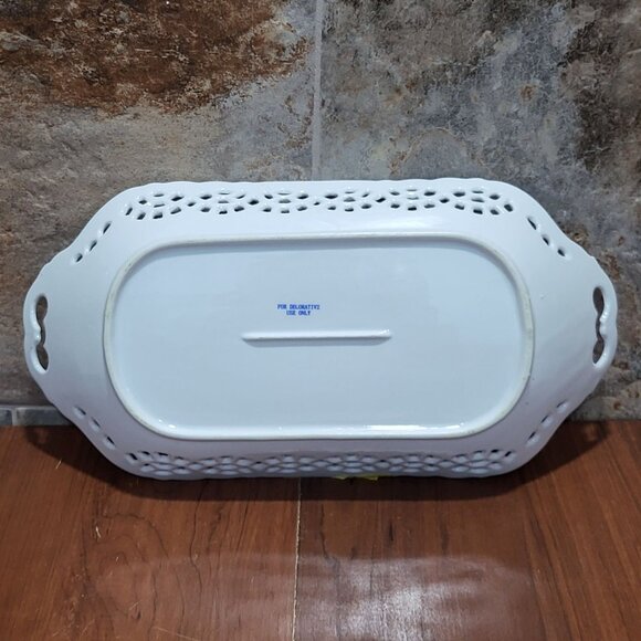 Vintage Cobalt Blue Rim & Pink Rose Porcelain Rectangular Reticulated Scalloped - Picture 3 of 11